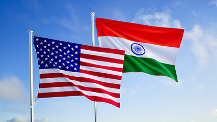 flags of usa and india over blue sky background.
