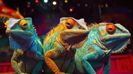 A circus show run by chameleons, where they change colors to match their costumes, causing confusion and laughter as they disappear into the background