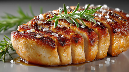 Juicy grilled chicken breast with a crispy golden crust, garnished with rosemary and sea salt, ideal for food ads and menus