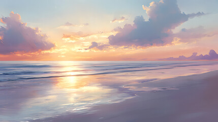 A quiet beach at sunset, the waves quietly crashing on the shore, the sky painted with a palette of soft oranges and purples.
