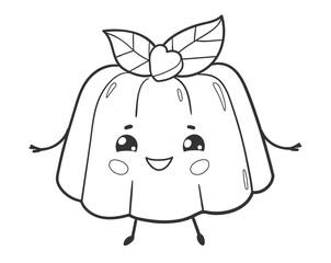 Vector line art illustration of a cute jelly dessert with smiling face, arms, and legs.