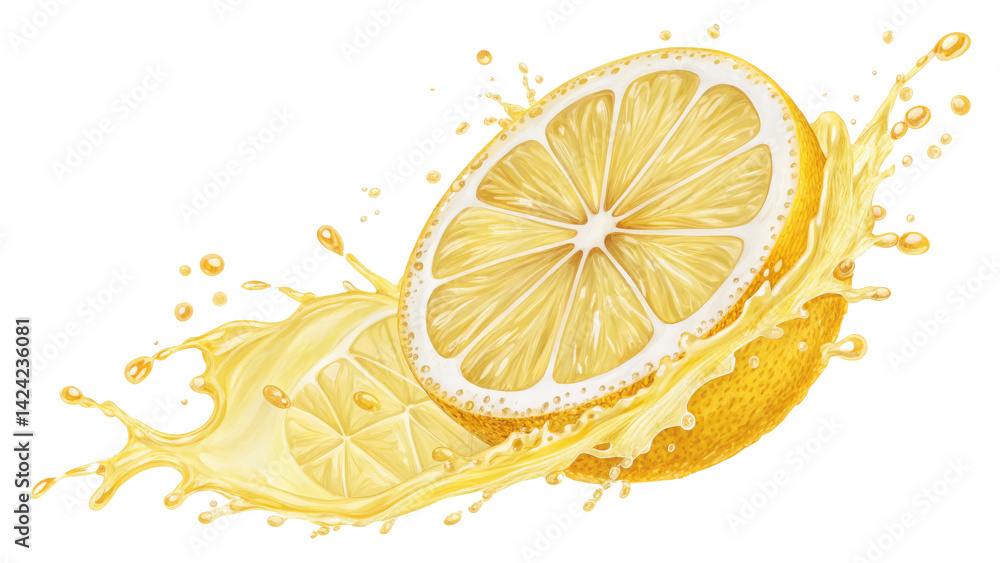 Aufkleber vibrant illustration of lemon slice with juice splashing around it, showcasing freshness and zest of fruit. hyperrealistic style highlights texture and color of lemon