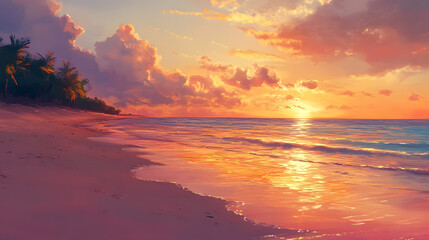 A quiet, empty beach at sunset with warm pink, orange, and yellow hues lighting up the sky and reflecting on the calm ocean.