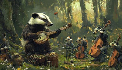 A badger conducting an orchestra of woodland creatures, with instruments made from forest finds