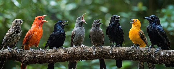 A bird karaoke evening where various species compete singing popular birdcalls, with a crow as the sarcastic judge offering cheeky critiques
