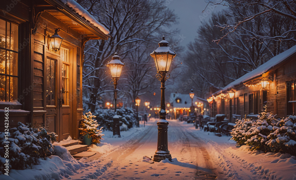 Poster Snowy street with a street lamp and a building with a window. The street is lit up and the snow is covering the ground