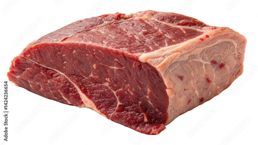 Poster raw chunk of camel meat is displayed, showcasing its exotic cut and rich marbling. meat appears fresh and is isolated on transparency background, highlighting its texture and color