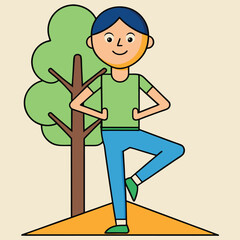 Fototapeta premium Cartoon Man Practicing Yoga Tree Pose Near Tree Outdoors Flat Illustration