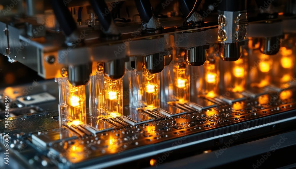 Poster automated circuit board assembly line with glowing components in operation