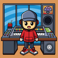 Cartoon Music Producer Character In Recording Studio With Soundboard And Speakers