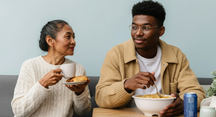 Elderly asian female and young african male enjoying casual meal together