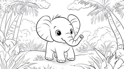 Cute baby elephant in a jungle scene, coloring book page, kids