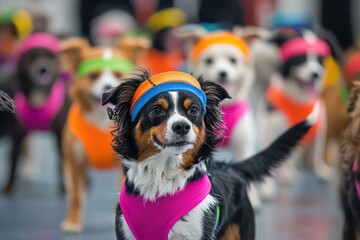 A canine aerobics class where dogs in colorful sweatbands perform synchronized tail wagging routines, resulting in a chaotic but adorable mess