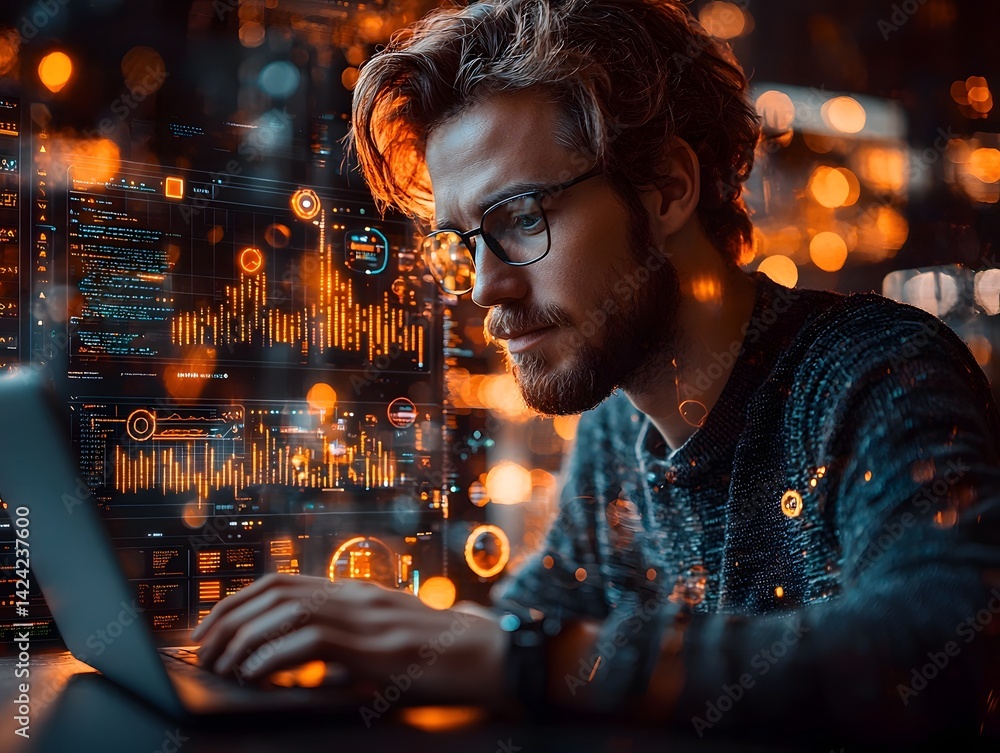 Poster tech entrepreneur coding on a futuristic holographic display