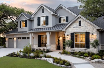 a beautiful two-story home in San Antonio, Texas, with a three-car garage and a grey stone exterior wall, light brown stucco front yard