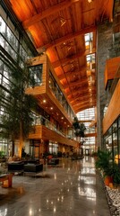 Fototapeta premium Indoor office with wood ceilings and bright windows