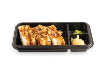 Set of six juicy traditional asian sushi rolls or maki made from boiled rice, seaweed, fresh eel fish packed with ginger and wasabi in black plastic delivery box or container isolated on white