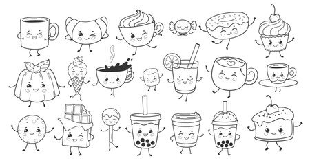 Vector line art illustration of a collection of cute food and drink characters with smiling faces and different emotions.