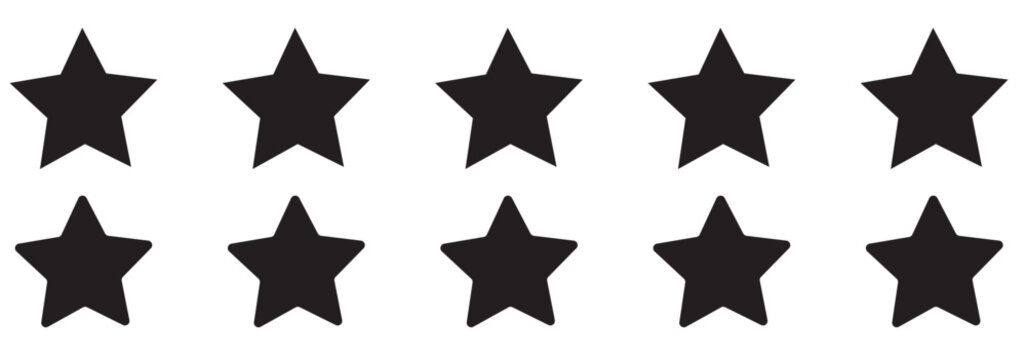 Five stars customer product review icon set, featuring yellow 5-star rating flat icons for apps and websites. Represents quality, customer rating, and feedback in transparent PNG and vector format
