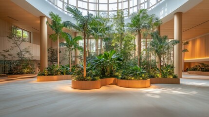 Interior atrium with plants, light, and wooden features