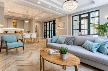 Modern living room with white walls, parquet flooring, and a large glass door leading to the kitchen