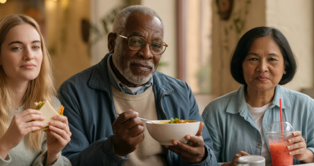 Diverse group eating together: caucasian female, african male, asian female, enjoying meal in caf?