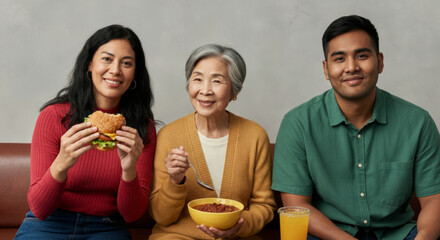 Asian family meal: young woman, elderly woman, young man enjoying burgers and soup together