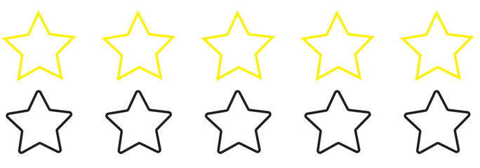Five stars customer product review icon set, featuring yellow 5-star rating flat icons for apps and websites. Represents quality, customer rating, and feedback in transparent PNG and vector format
