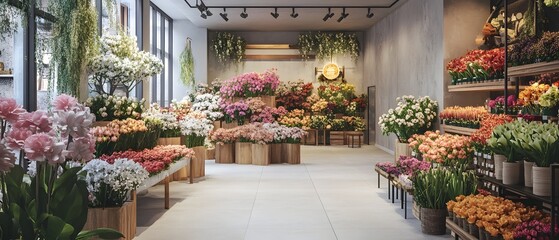 A flower shop interior with various flowers arranged on shelves and display stands beautifully lit up