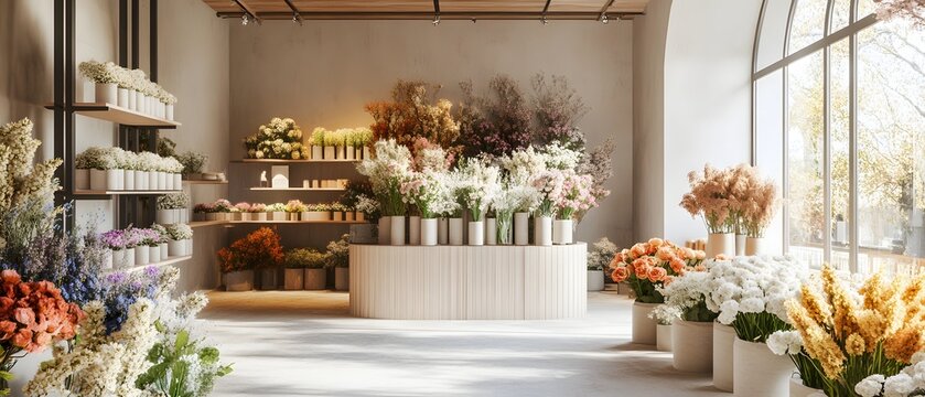 A flower shop interior filled with various flower arrangements on shelves and display tables inside the store