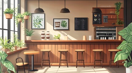 A cozy cafe interior with plants, wooden bar, stools, and natural light streaming through the window