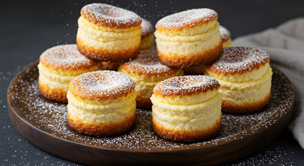 Pile Of Delicious Mini Cheesecakes With Sugar Dust On Wooden Tray Still Life