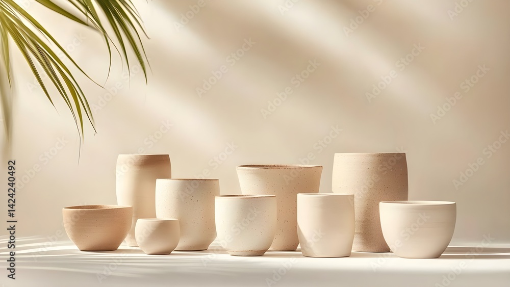 Poster a collection of various neutral-colored pottery pots in different shapes and sizes, displayed with s