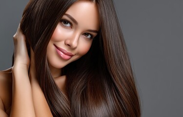 Naklejka premium A beautiful woman with long, shiny hair smiles in a studio shot. Her long, brown, straight hair flows in the wind