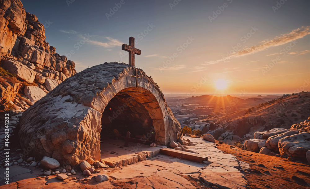 Aufkleber Small stone building with a cross on top of it. The sun is setting behind the building