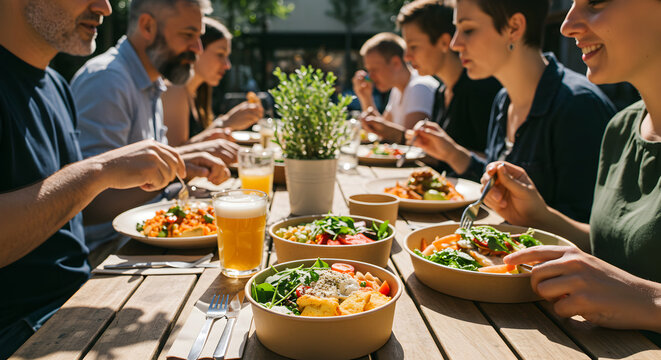 Al Fresco Dining: Friends Enjoying Healthy Bowls and Refreshments Together