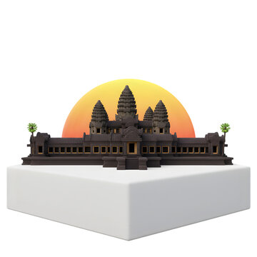 Angkor Wat miniature souvenir, illuminated by a warm sunset backdrop