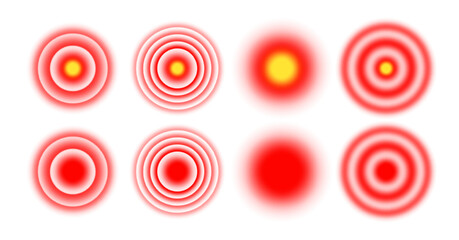 Red circle muscle, head and joint pain icon. Radial gradient to illustrate inflammation and sore stomach or teeth. Vector set of isolated elements on white background.