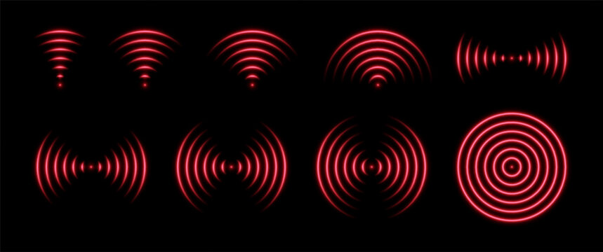 Radar waves with neon glow. Wifi signal sensor and radio frequencies. Scanning and detecting obstacles or target. Set of red vector abstract symbols.