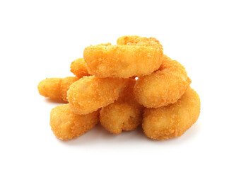 Many tasty tempura shrimps isolated on white