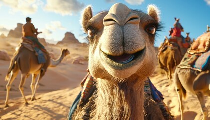 A camel leading a desert tour, offering humorous commentary about oasis mirages and giving absurd survival tips to the other animals