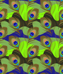 Peacock feathers on a colorful background. Seamless pattern, print, wallpaper, vector illustration