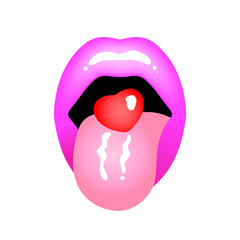 Beautiful sexy female pink lips with tongue holding red heart. Isolated vector illustration, print