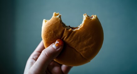 Close-up of half-eaten burger held by caucasian female hand against blue background