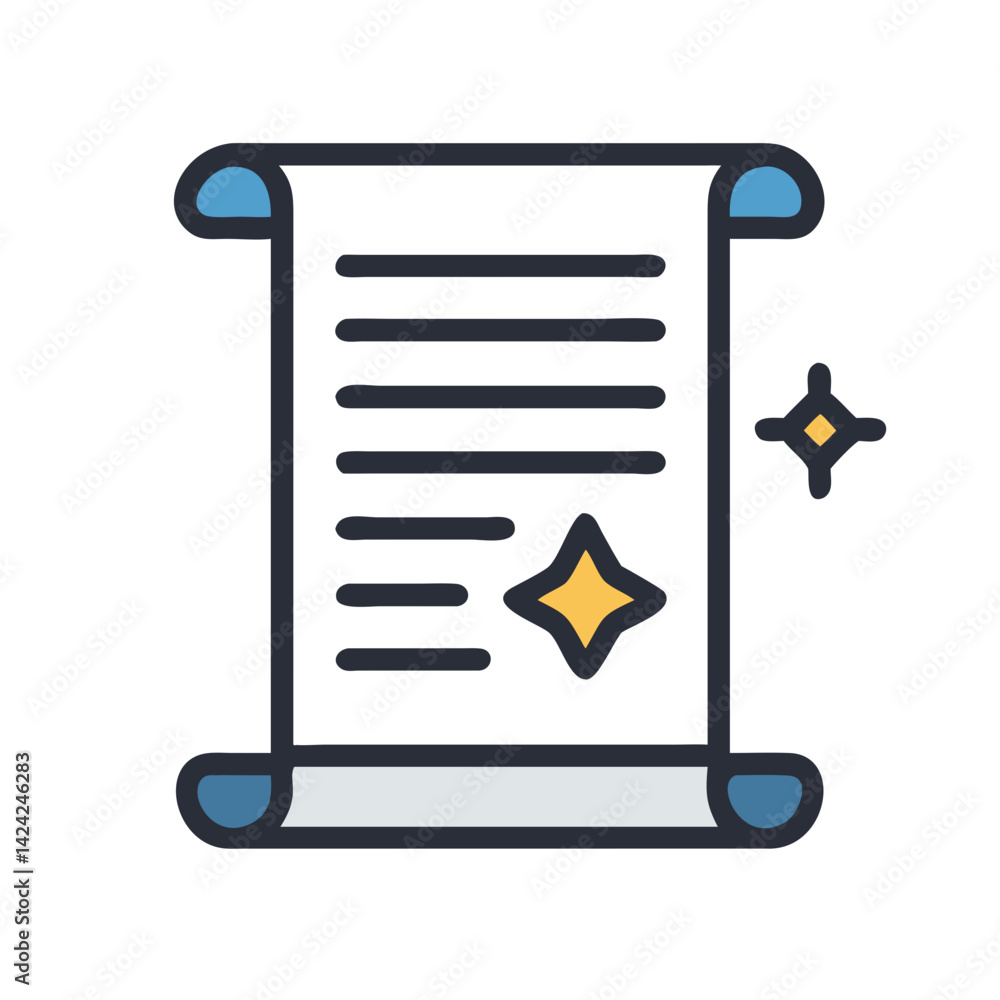 Poster Scroll with Sparkling Article Icon Representing Featured Content and Highlighted Information