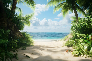 Lush tropical beach path framed by palm trees.