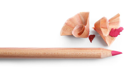 One beautiful lip pencil and shavings isolated on white, top view