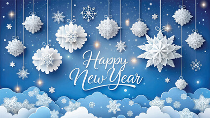 Winter scene, hanging paper snowflakes, Happy New Year text, blue background, white clouds, decorative ornaments, festive holiday design, paper craft style, string lights, 3D layered effect, 