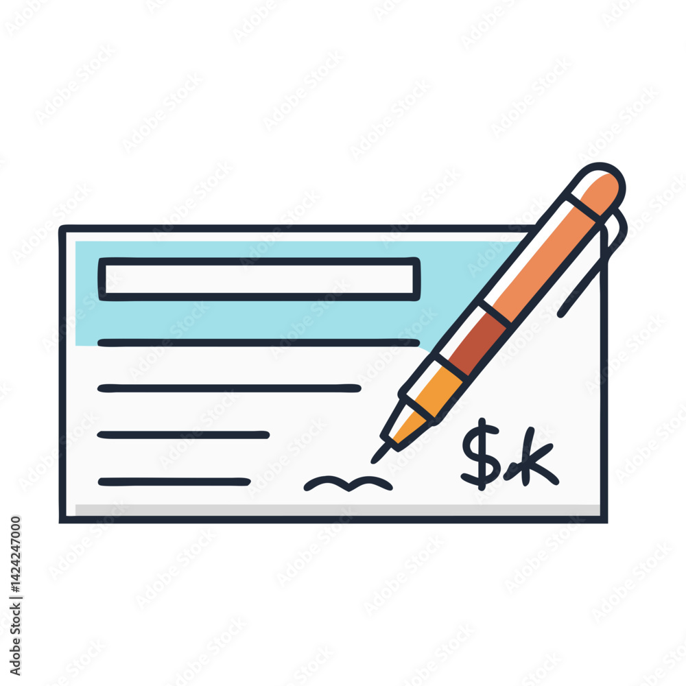 Poster signed cheque with pen icon representing banking payment and financial authorization