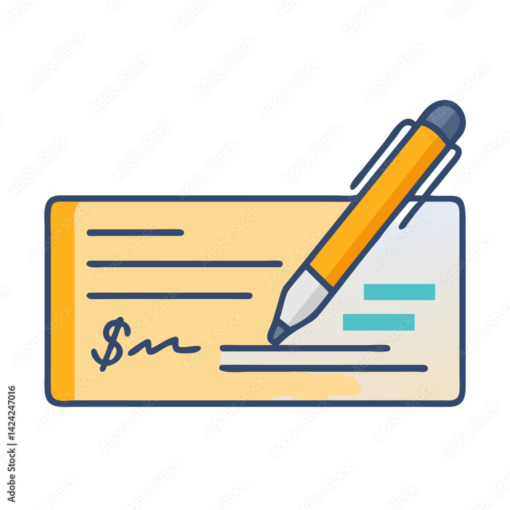 Poster signed cheque with pen icon representing banking payment and financial authorization